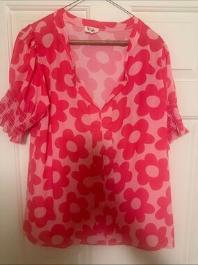 BiBi Hot Pink Floral Short-Sleeve Button Blouse